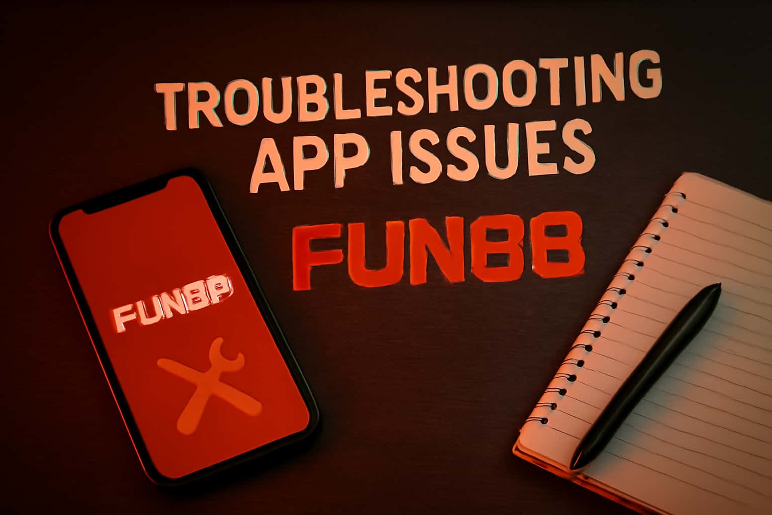 An informational scene depicting troubleshooting steps for the Fun88 app.